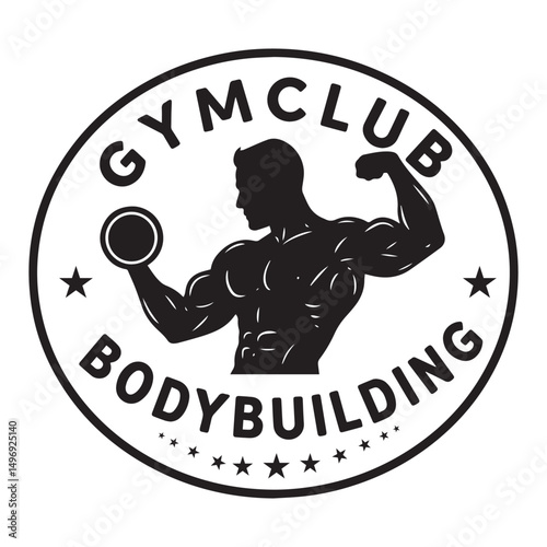 Gym club bodybuilding logo muscular man silhouette with dumbbell