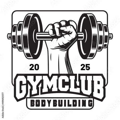 Gym club bodybuilding logo strong hand holding dumbbell weightlifting fitness