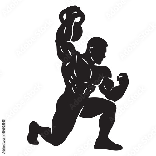 Muscular bodybuilder silhouette lifting kettlebell fitness exercise strength training