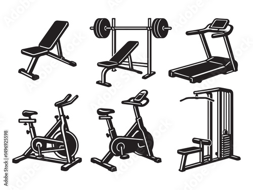 Collection of fitness equipment icons weight bench treadmill exercise bike