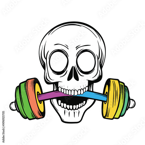 Colorful skull biting a dumbbell weightlifting fitness graphic design