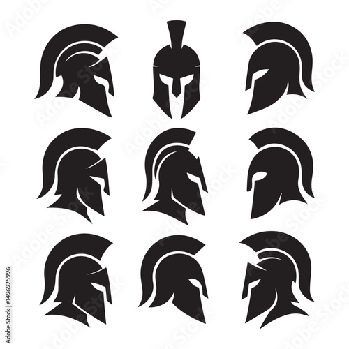 Nine spartan helmet variations black silhouettes collection for design