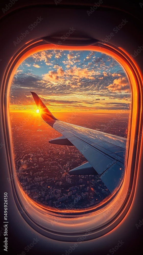 Naklejka premium Sunset Aerial View from Airplane Window: A Golden Hour Flight Above Cityscape