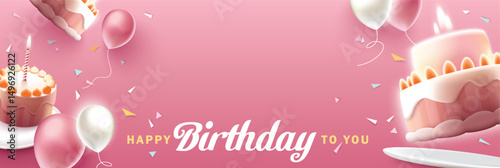 Happy Birthday celebration typography design with 3d birthday cake for greeting card, poster or banner. Vector illustration