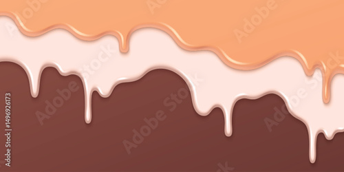 Melting ice cream drips background - white vanilla, brown chocolate and caramel creamy liquid flows down, milky sweet dessert splash, delicious frozen yogurt drops. Dribble tasty summer treat texture