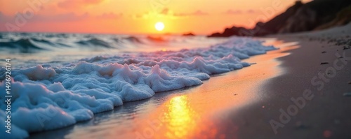 Smooth, rounded waves caress the sandy shore at sunset, creating a gentle, undulating texture The soft light bathes the scene in warm hues , natural, vacation