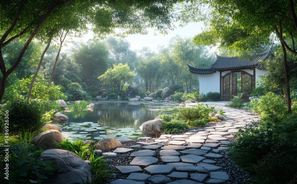 Naklejka premium Peaceful Chinese Garden Oasis
