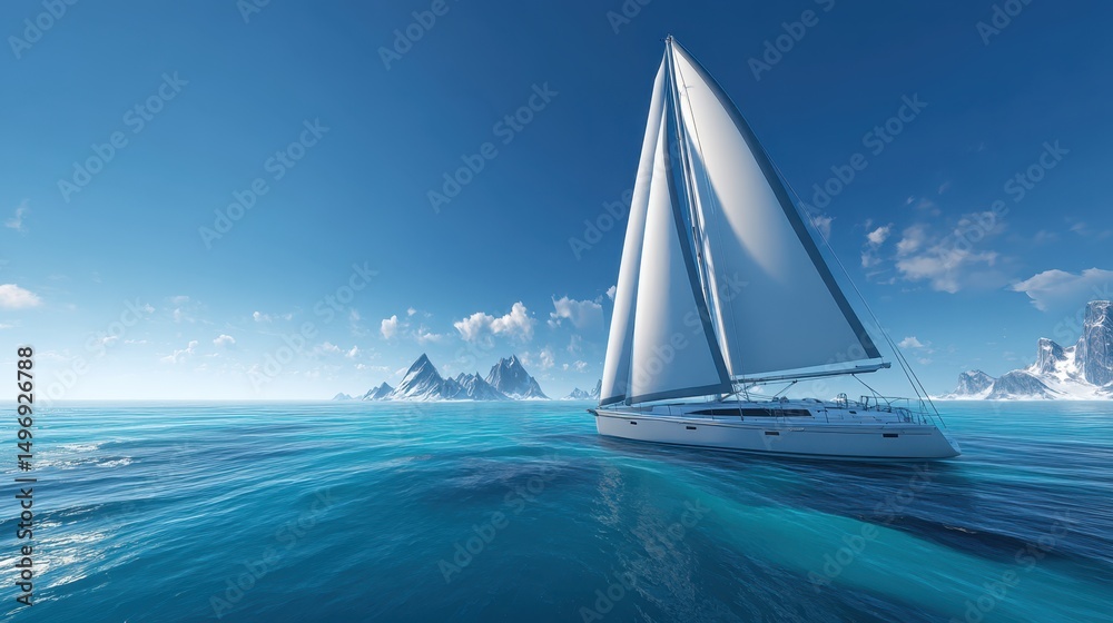 Obraz premium A sailboat sailing on the water with mountains in the distance under a clear blue sky