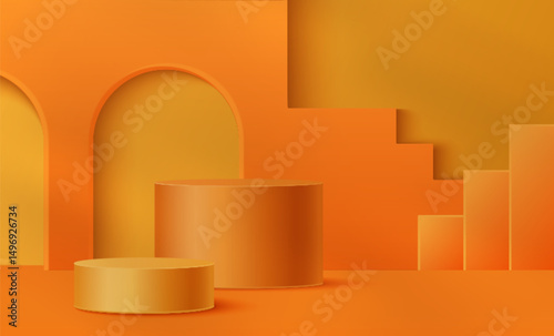 Orange podium setup - cylindrical pedestals of different heights in bright color with minimalistic geometric shape composition on wall for product display. Presentation abstract interior stage design.