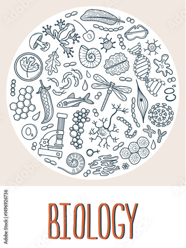 Biology sciense poster. Hand drawn ink outline elements set. Circle composition. Simple school vector illustration