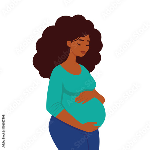 pregnant woman holding her belly with her hands vector flat illustration