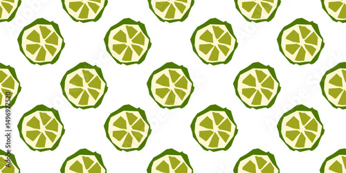 Green lime slice seamless pattern featuring stylized citrus wedges arranged on a clean white background in a geometric, repeating design.