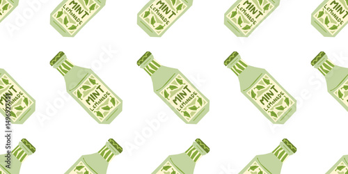 Mint lemonade bottle pattern displaying repeated cartoon-style green beverage bottles with mint leaf decorations and bold typography on a white background.