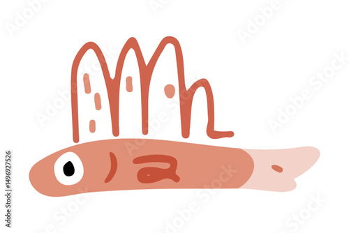 Abstract cartoon spiny fish drawing with a simple, flat design and exaggerated dorsal fins in bold red tones on a white background.