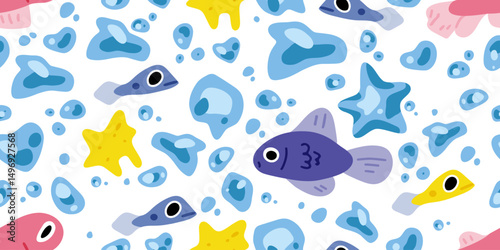 Seamless cartoon underwater fish pattern filled with playful sea creatures, bubbles, and star shapes in bright blues and yellows on a white background.