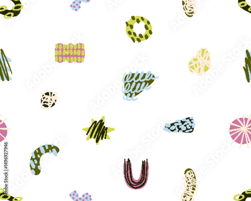 Seamless abstract pattern. Geometric doodle-style shapes, scribbles, endless texture, repeating background, print for modern trendy textile, wallpaper, wrapping design. Flat vector illustration