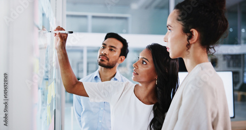 Photos Glass wall, teamwork and business people in office, thinking and creativity for social media project