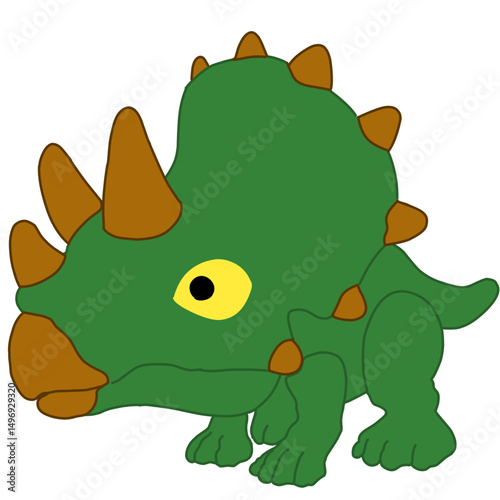 Adorable cartoon illustration of a green triceratops dinosaur standing in a side view