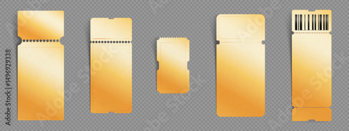 Luxury golden tickets collection - shiny metallic gold blank templates of elegant coupons with dotted lines for premium vouchers and vip invitation. Event entrance passes set on transparent background