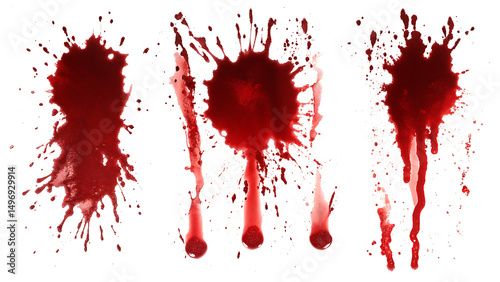 Three blood splatter patterns isolated on a white background
