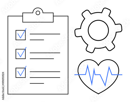 Task checklist with checkmarks on clipboard, gear symbolizing progress, heart with heartbeat line conveying health. Ideal for productivity, planning, wellness, workflow, health management