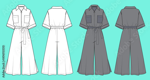 Short Sleeve wide leg pant Jumpsuit colour way sets fashion flat sketch CAD mockup front and back views.