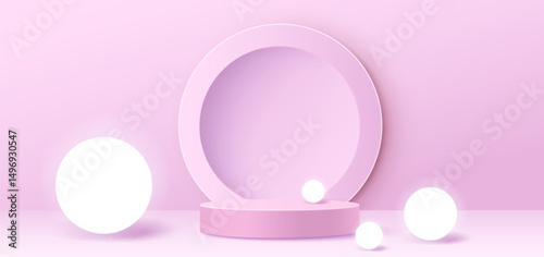 Glowing white spheres around pink circular podium stages, soft illuminated orbs on pastel background with round window. Minimalist 3d composition of elegant abstract geometric shapes for dreamy design