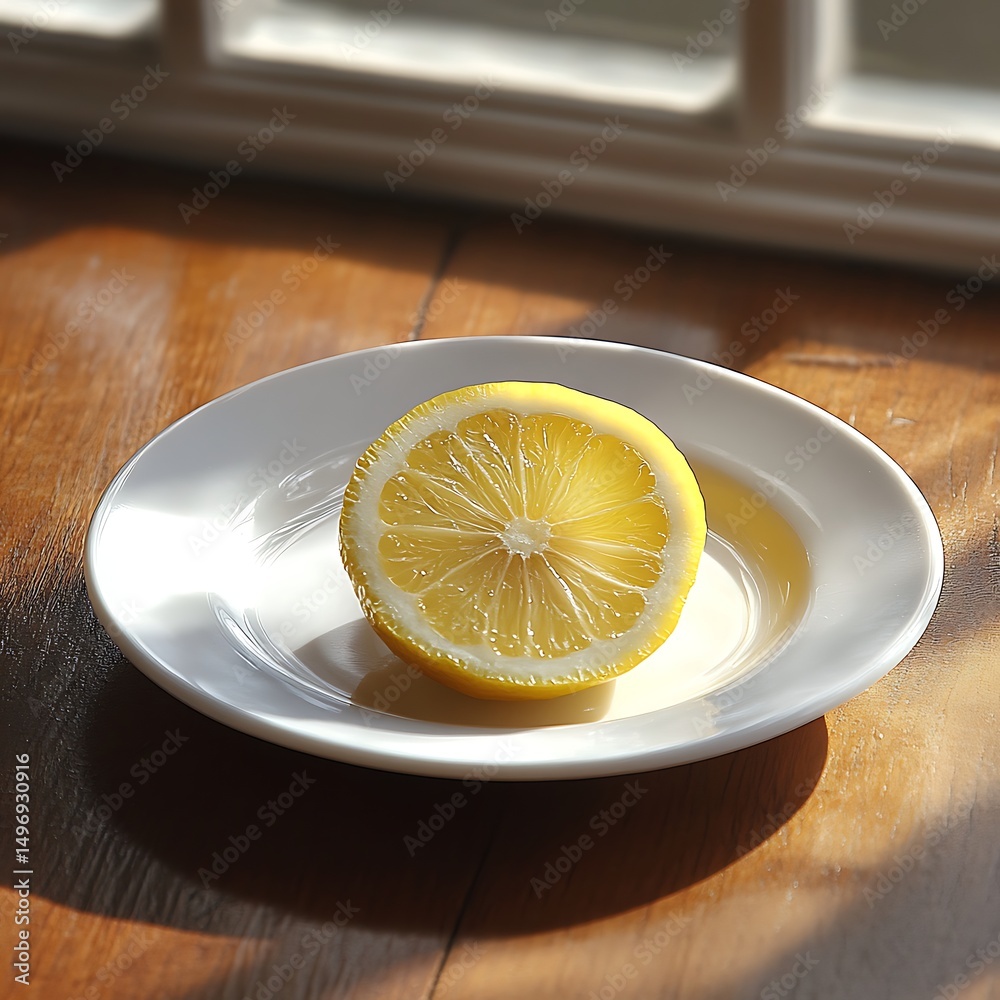 A citrus fruit half on a white plate. A citrus fruit half on a white plate.
