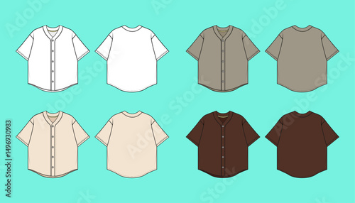 Unisex Baseball Jersey colour way sets fashion flat sketch CAD mockup.