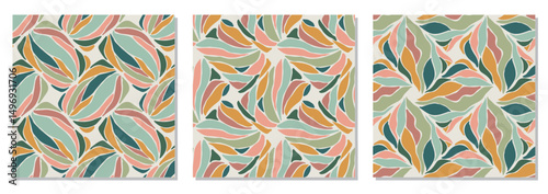 Set of trendy minimalist seamless botanical pattern with abstract creative hand drawn composition