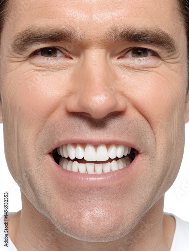 A man grinning widely with dimples showing, medium closeup, isolate on white background