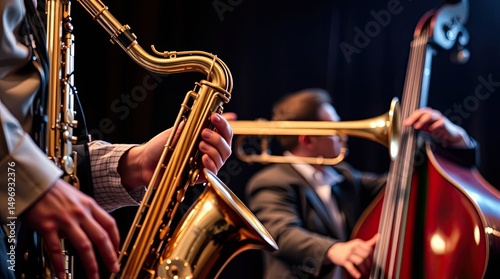 Jazz musicians performing with saxophone, trombone, and double bass
