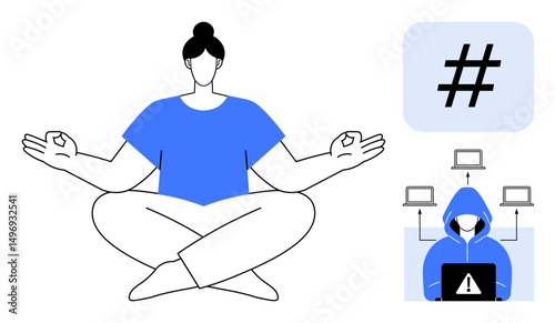 Person meditating in lotus pose, hoodie figure, networked devices, metadata tag. Ideal for mental health, balance, mindfulness, technology stress, cybersecurity social trends simple landing page