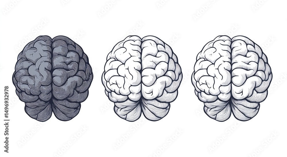 Fototapeta premium Three stylized brain illustrations, progressing from dark gray to light gray to white