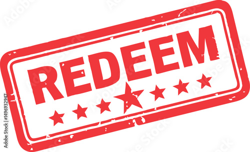 A red rubber stamp with the word "REDEEM" in capital letters, accompanied by two stars.