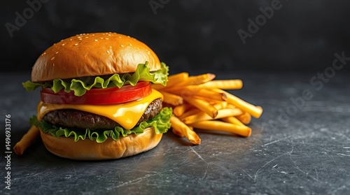 Juicy Cheeseburger with Crispy French Fries on Dark Background