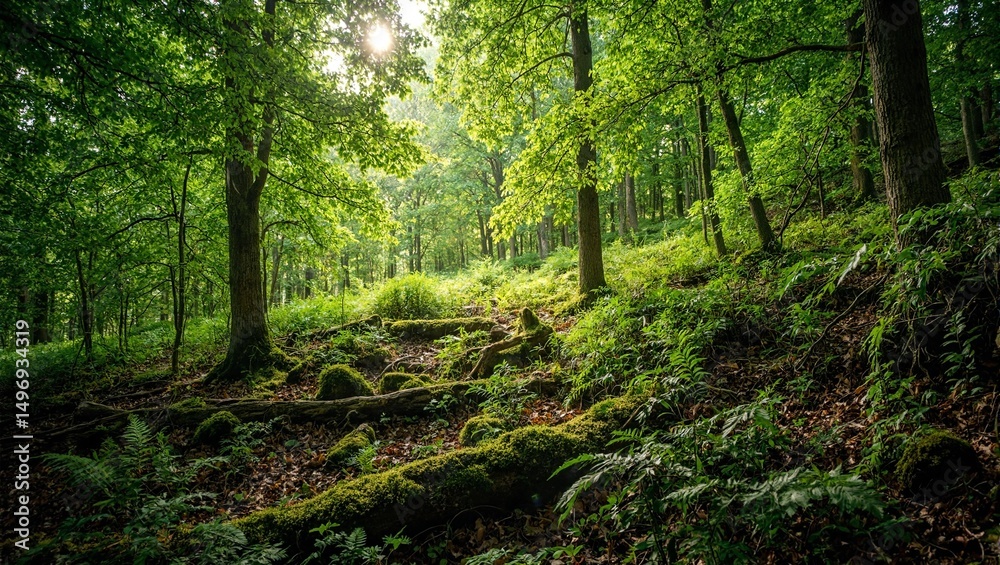 Fototapeta premium Sun drenched forest with ferns and moss