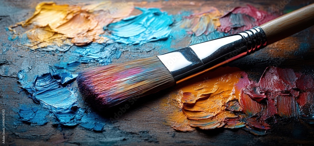 Fototapeta premium Colorful oil paint palette with paintbrush
