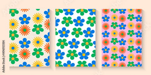 abstract seamless patterns poster, card, banner, with vintage groovy daisy flowers. Retro floral pastel colours background surface design, textile, stationery, wrapping paper, covers. 70s, 80s style