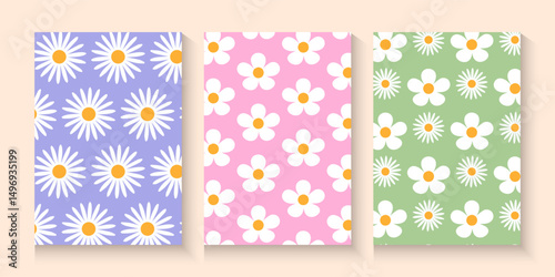 abstract seamless patterns poster, card, banner, with vintage groovy daisy flowers. Retro floral pastel colours background surface design, textile, stationery, wrapping paper, covers. 70s, 80s style
