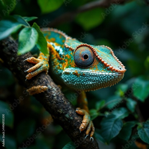 Colorful chameleon resting on branch in lush tropical forest