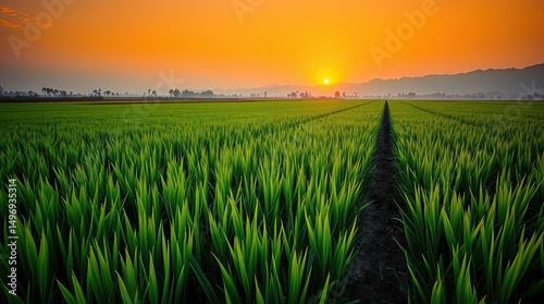Lush green rice field under a vibrant orange sunset in a peaceful landscape