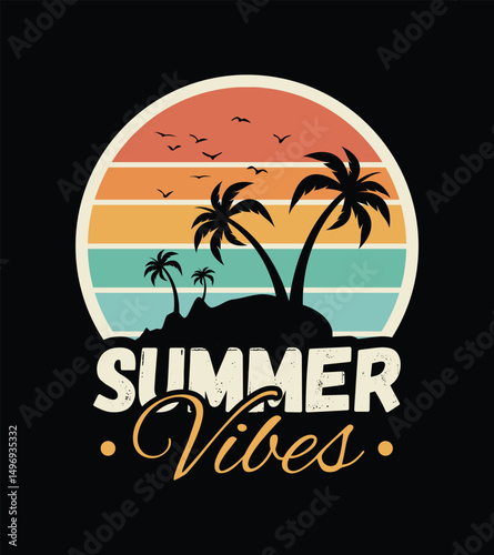 Retro Summer Vibes with Palm Trees and Sunset, T-Shirt Design, Graphic Design