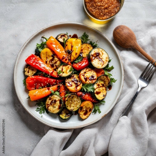 Grilled vegetables with balsamic glaze and sesame seeds on a plate