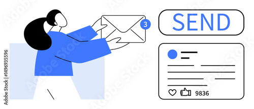 Woman holding envelope marked with notification badge. Social media profile with thumbs ups and engagement. Ideal for email marketing, communication, social media, notifications, promotion