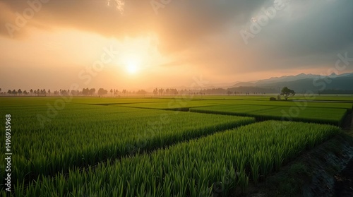 Lush green rice paddy fields stretch under a golden sunset in Asia