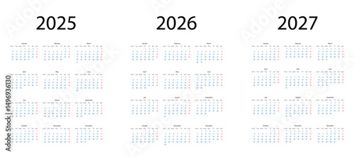 vector uk calendar 2025, 2026, 2027 set, on transparent background