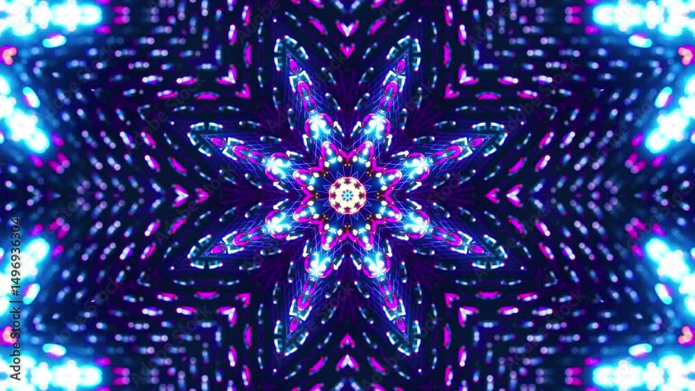 Blue and purple flower with black center and white center. Kaleidoscope VJ loop