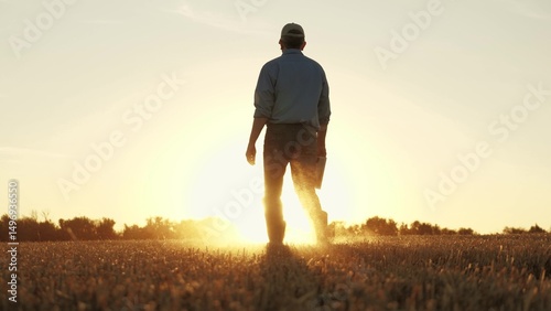 Obraz na plátně Farmer walking through wheat field in rubber boots, , agriculture, business of f