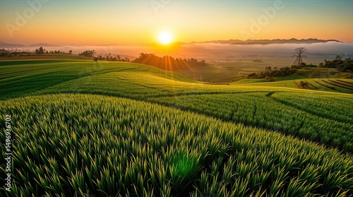 Lush green rice terraces under a vibrant sunrise create a scenic landscape